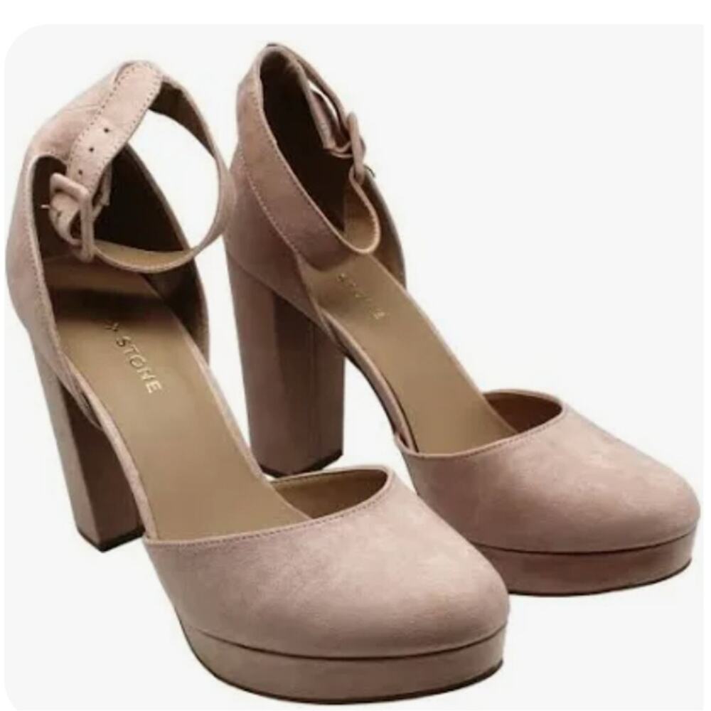 Sun + Stone Blush Pink Suede Platform Block Heel Pumps